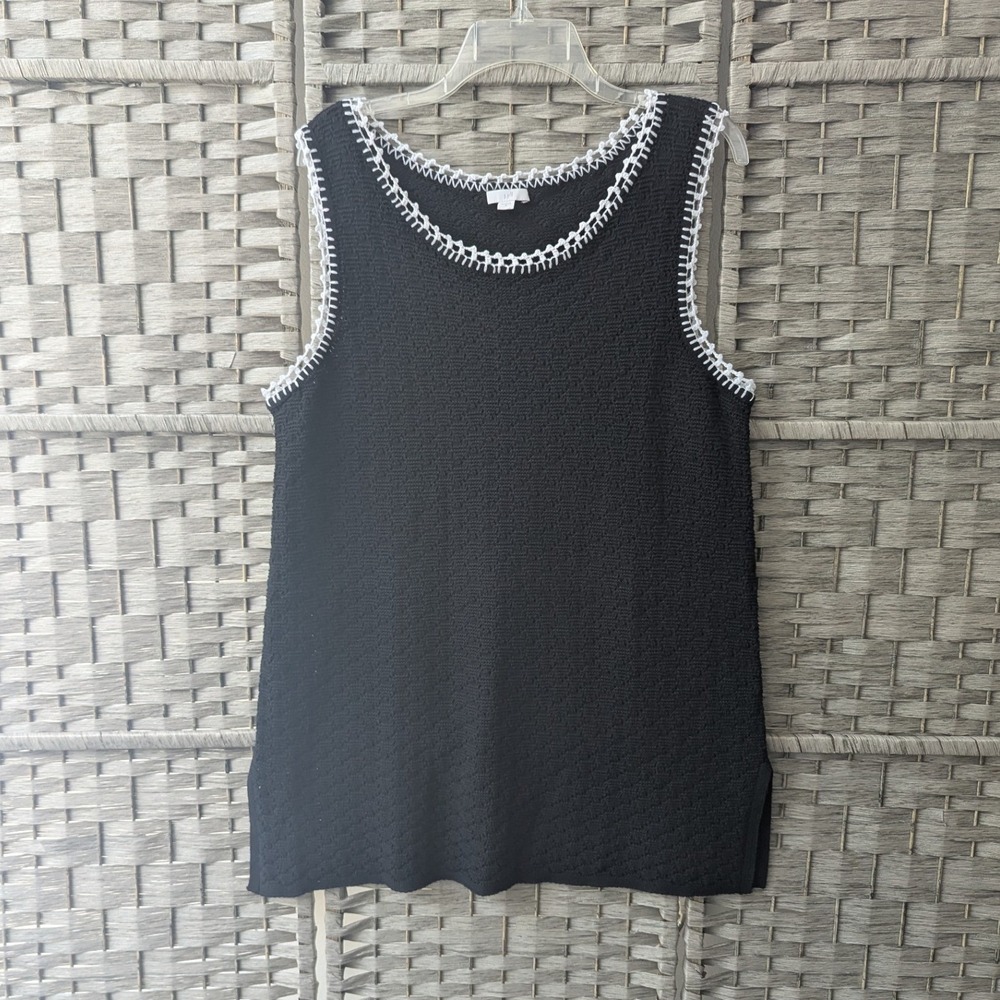 J. Jill Sweater Tank Black Crochet Trim Cotton Knit Sleeveless Textured Sz M